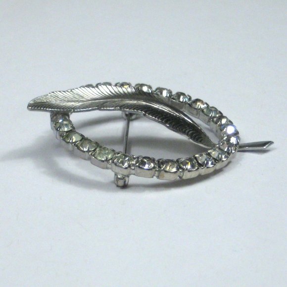 Circle Leaf Ring Brooch Pin Silvertone Vintage Jewelry 2.1 inch Women Rhinestone - Picture 3 of 5